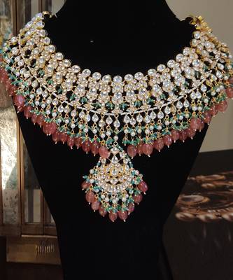White Jadtar Stone With Pastel Pink And Green Heavy Bridal Necklace Set 5