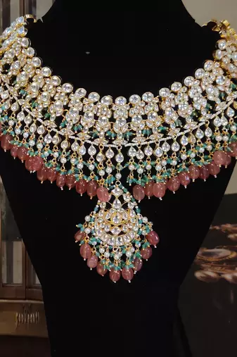 White Jadtar Stone With Pastel Pink And Green Heavy Bridal Necklace Set