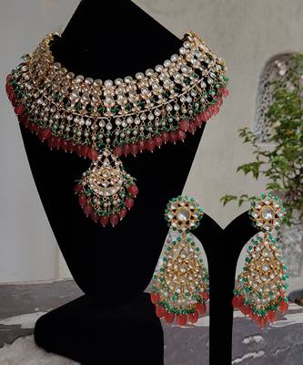 White Jadtar Stone With Pastel Pink And Green Heavy Bridal Necklace Set 6