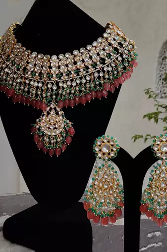White Jadtar Stone With Pastel Pink And Green Heavy Bridal Necklace Set