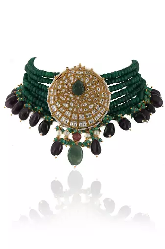 White Stone Pendant With Small Green Beads 7 Line Necklace Set