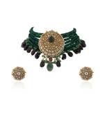 White Stone Pendant With Small Green Beads 7 Line Necklace Set