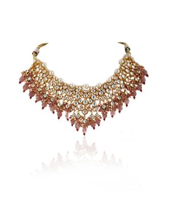 White Jadtar Stone Necklace Beaded Moti Work In Light Pink Beads With Pearl 2