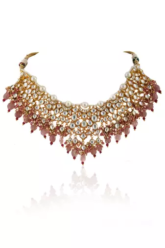White Jadtar Stone Necklace Beaded Moti Work In Light Pink Beads With Pearl