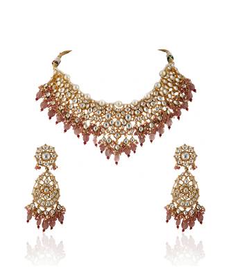 White Jadtar Stone Necklace Beaded Moti Work In Light Pink Beads With Pearl 3