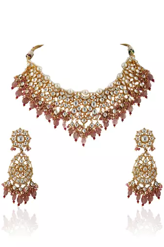 White Jadtar Stone Necklace Beaded Moti Work In Light Pink Beads With Pearl