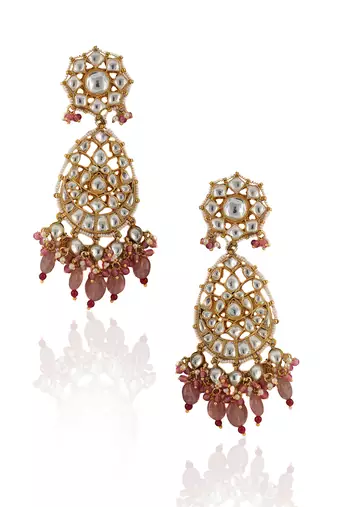 White Jadtar Stone Necklace Beaded Moti Work In Light Pink Beads With Pearl