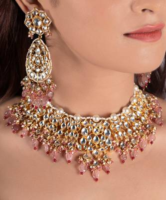 White Jadtar Stone Necklace Beaded Moti Work In Light Pink Beads With Pearl 1