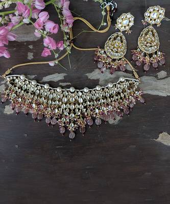 White Jadtar Stone Necklace Beaded Moti Work In Light Pink Beads With Pearl 6