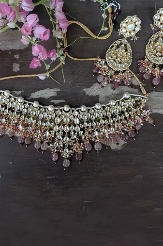 White Jadtar Stone Necklace Beaded Moti Work In Light Pink Beads With Pearl