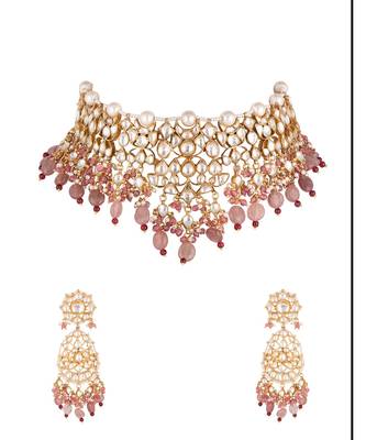 White Jadtar Stone Necklace Beaded Moti Work In Light Pink Beads With Pearl 7