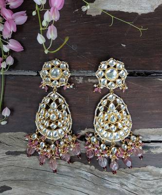 White Jadtar Stone Necklace Beaded Moti Work In Light Pink Beads With Pearl 8