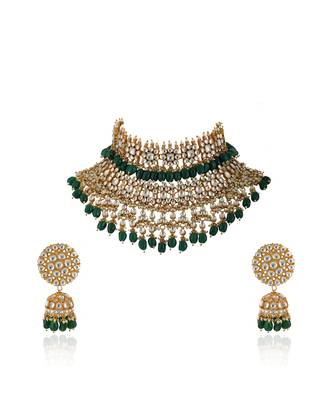 White And Green Jadtar Stone 2 Line Choker With Jhumki Bridal Set 2