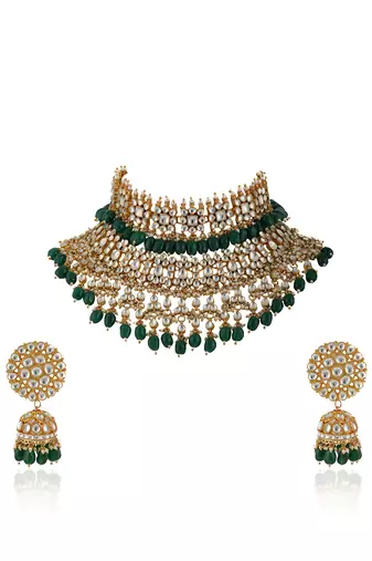 White And Green Jadtar Stone 2 Line Choker With Jhumki Bridal Set