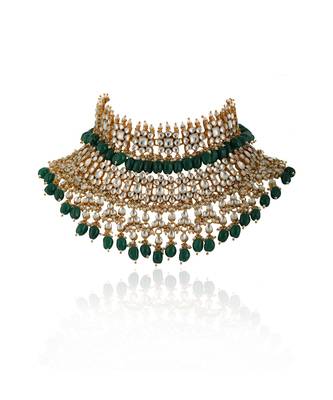 White And Green Jadtar Stone 2 Line Choker With Jhumki Bridal Set 3
