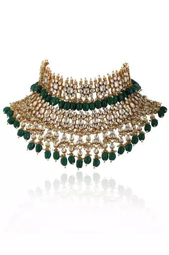 White And Green Jadtar Stone 2 Line Choker With Jhumki Bridal Set
