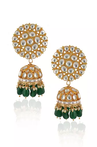 White And Green Jadtar Stone 2 Line Choker With Jhumki Bridal Set