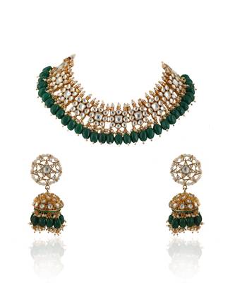 Small One Layer Choker Hanging With Green Beads With Star Shaped Jhumki 2
