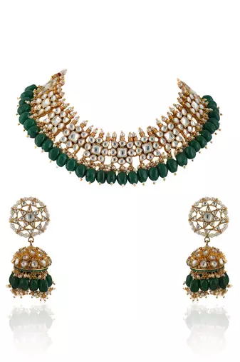 Small One Layer Choker Hanging With Green Beads With Star Shaped Jhumki