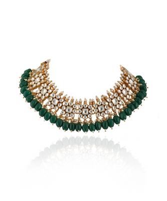 Small One Layer Choker Hanging With Green Beads With Star Shaped Jhumki 3