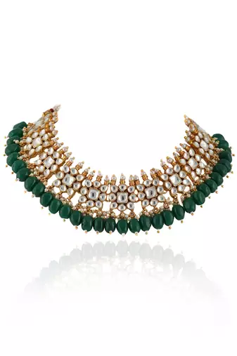 Small One Layer Choker Hanging With Green Beads With Star Shaped Jhumki