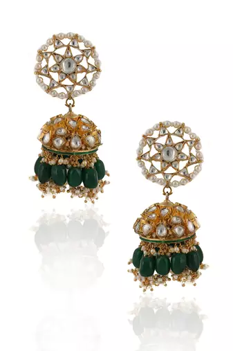 Small One Layer Choker Hanging With Green Beads With Star Shaped Jhumki