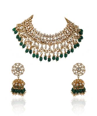 Lower Layer Choker Hangings With Pandadi And Green Beads With Star Shaped Jhumki 2