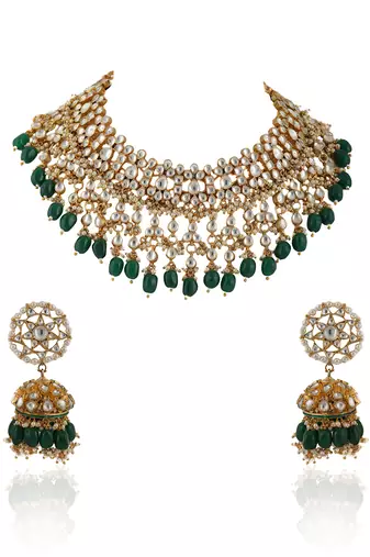 Lower Layer Choker Hangings With Pandadi And Green Beads With Star Shaped Jhumki