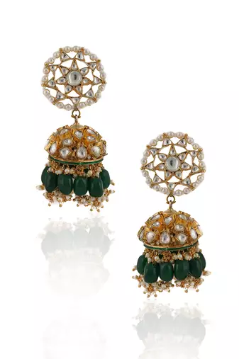 Lower Layer Choker Hangings With Pandadi And Green Beads With Star Shaped Jhumki