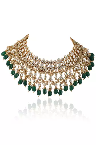 Lower Layer Choker Hangings With Pandadi And Green Beads With Star Shaped Jhumki