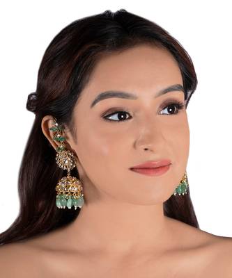 White Stone Jhumki And Sea Green Beads With White Hanging Atteched Ear Chain 1