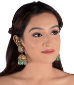 White Stone Jhumki And Sea Green Beads With White Hanging Atteched Ear Chain