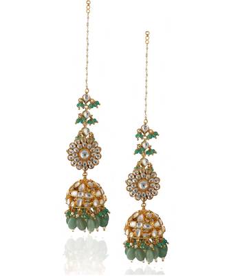 White Stone Jhumki And Sea Green Beads With White Hanging Atteched Ear Chain 2