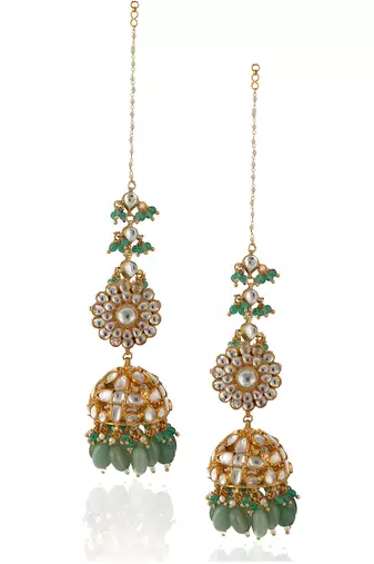 White Stone Jhumki And Sea Green Beads With White Hanging Atteched Ear Chain