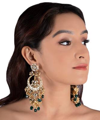 White Chand Baali With Golden Balls And Green Beads 1