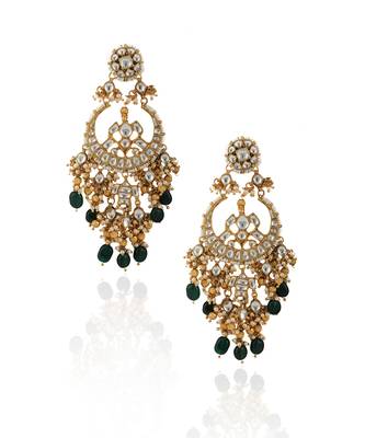 White Chand Baali With Golden Balls And Green Beads 2