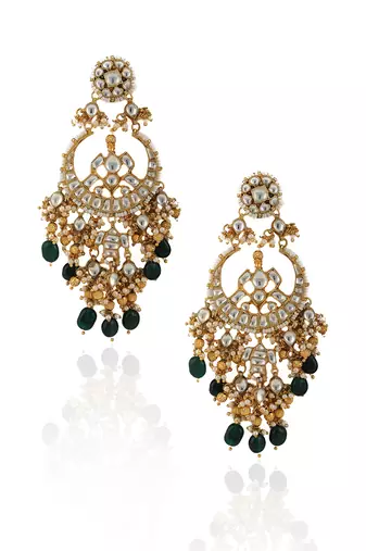 White Chand Baali With Golden Balls And Green Beads