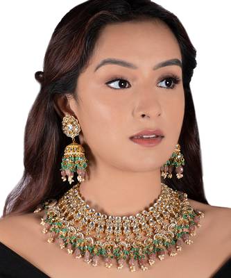 Jhumki In Moti Work And Pastel Pink Beads With Light Green Hangings 1