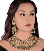 Jhumki In Moti Work And Pastel Pink Beads With Light Green Hangings