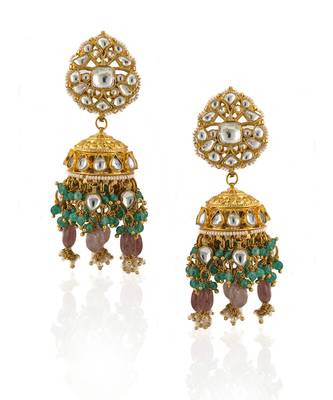 Jhumki In Moti Work And Pastel Pink Beads With Light Green Hangings 2