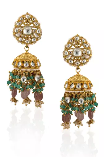 Jhumki In Moti Work And Pastel Pink Beads With Light Green Hangings