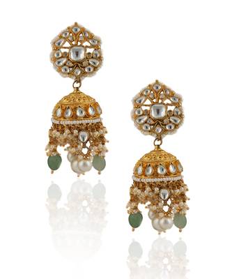 White Jhumki With Pearl And Sea Green Beads 2