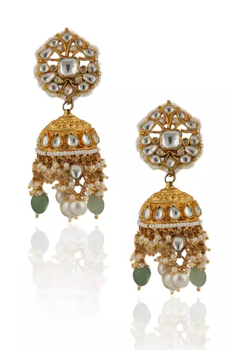 White Jhumki With Pearl And Sea Green Beads