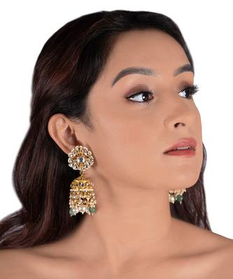 White Jhumki With Pearl And Sea Green Beads 1