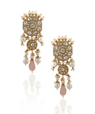 White Jadtar Stone Earrings With Pearl And Light Pink Beads 2