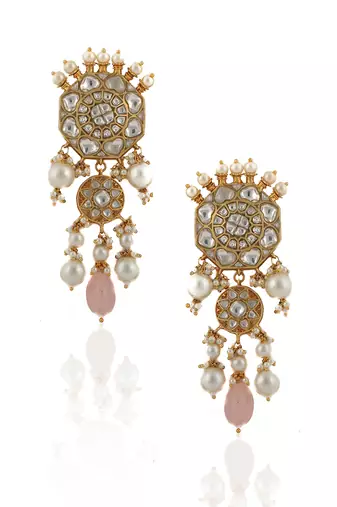 White Jadtar Stone Earrings With Pearl And Light Pink Beads