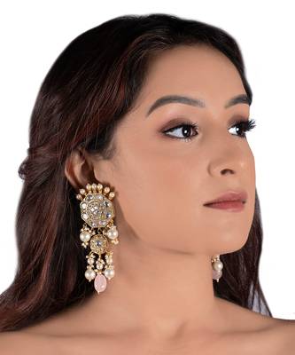 White Jadtar Stone Earrings With Pearl And Light Pink Beads 1