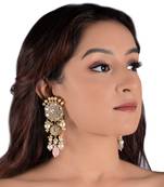 White Jadtar Stone Earrings With Pearl And Light Pink Beads