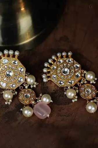 White Jadtar Stone Earrings With Pearl And Light Pink Beads