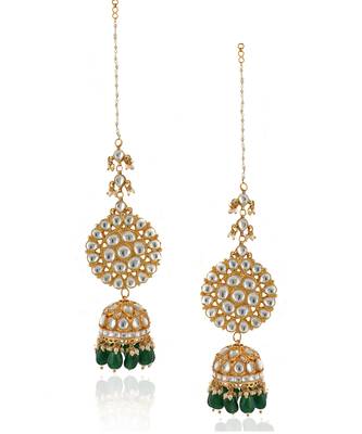 White Round Big Tops With Jhumki With Green Beads With Atteched 2